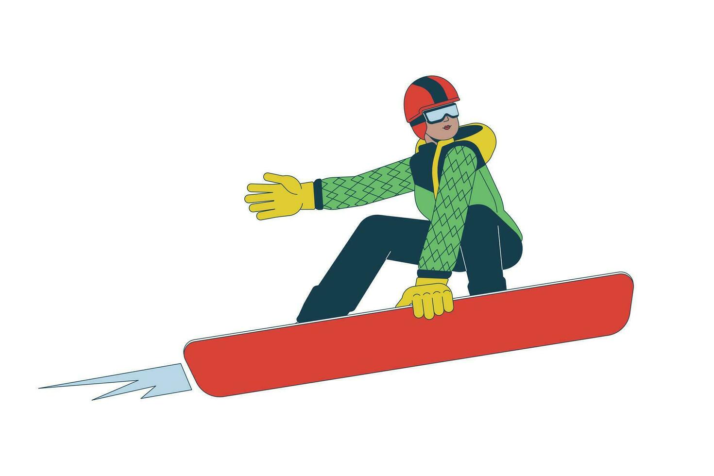 frio negro mujer ejecutando truco en tabla de snowboard 2d lineal dibujos animados personaje. africano americano hembra snowboarder aislado línea vector persona blanco antecedentes. extremo deporte color plano Mancha ilustración