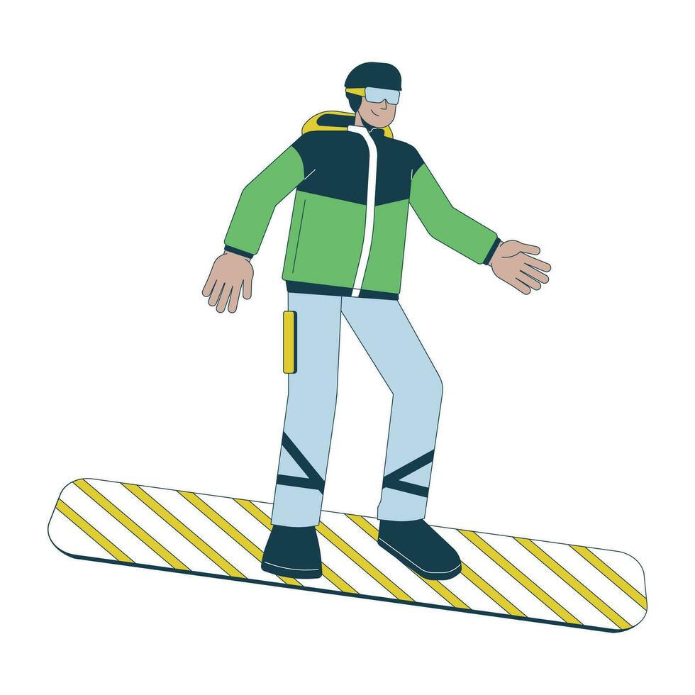 snowboarder masculino latín americano 2d lineal dibujos animados personaje. Hispano hombre vistiendo calentar ropa aislado línea vector persona blanco antecedentes. Snowboarding vacaciones color plano Mancha ilustración