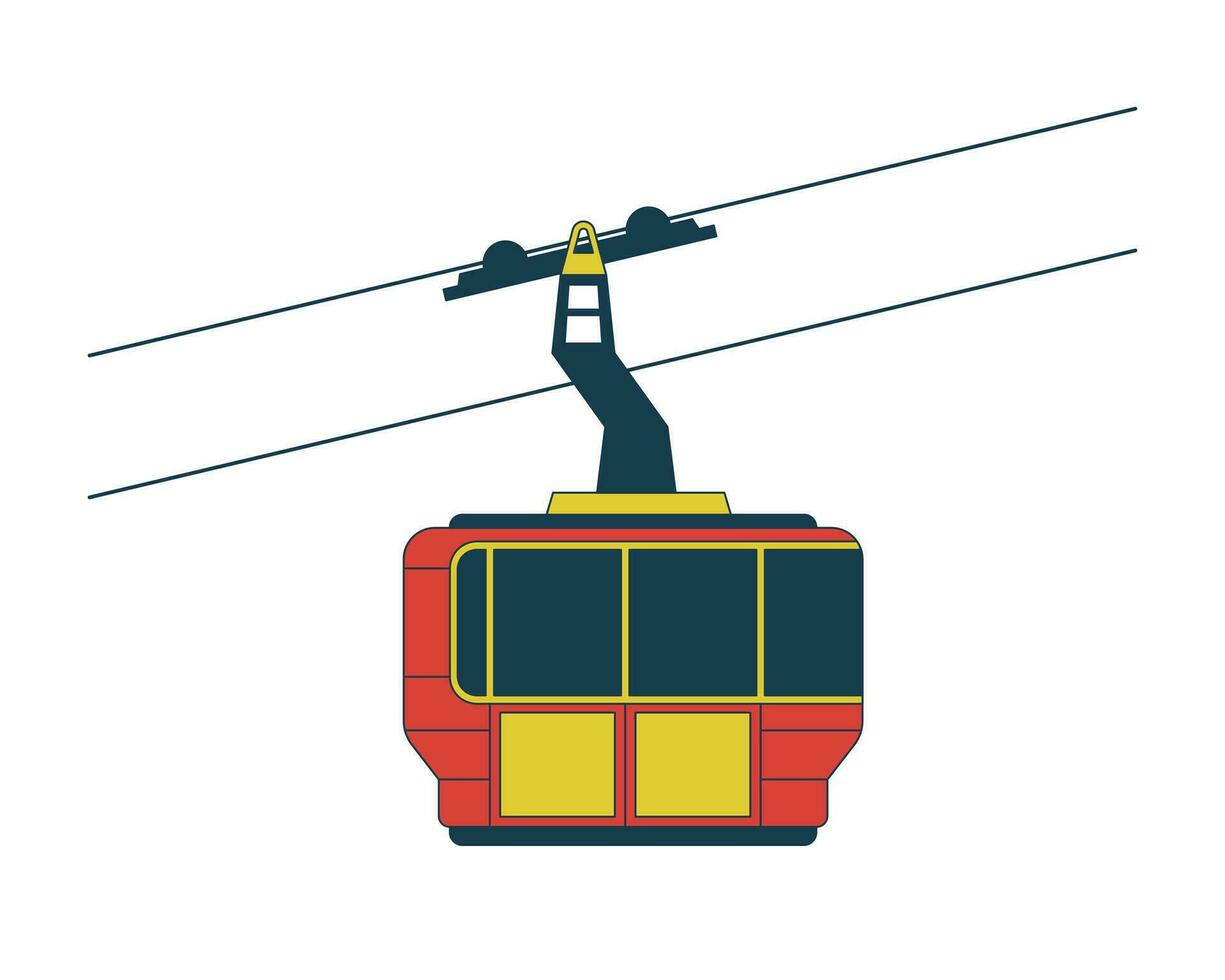 Gondola ski lift riding 2D linear cartoon object. Cabin cableway isolated line vector element white background. Aerial skilift. Ski resort transportation ropeway color flat spot illustration
