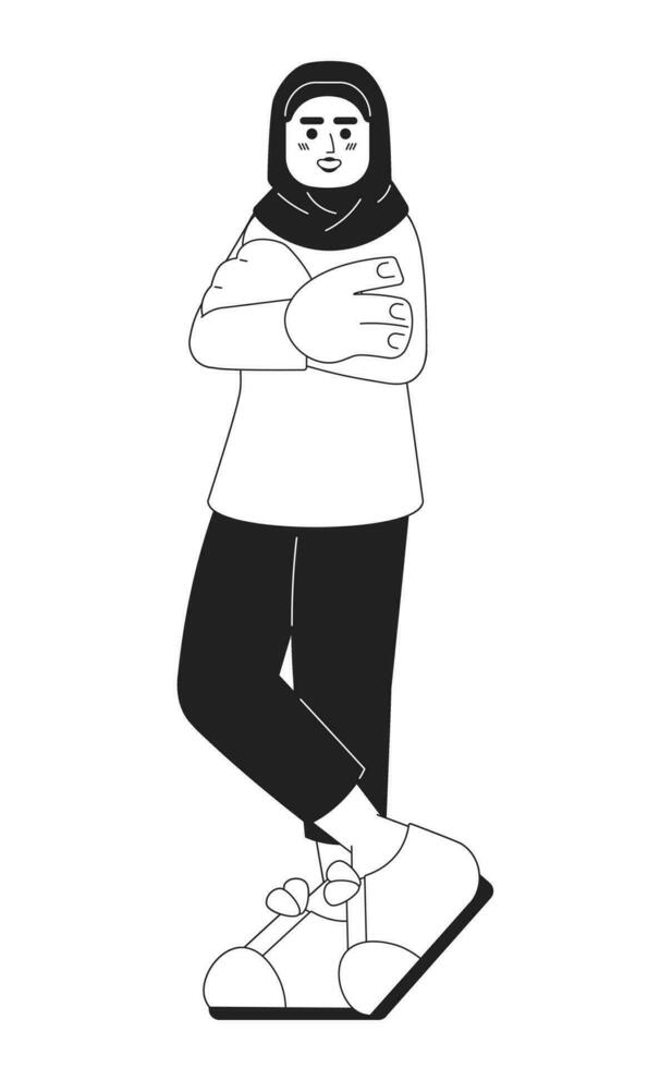 Millennial muslim woman standing posing black and white cartoon flat illustration. Headscarf young confident linear 2D character isolated. Smiling with arms crossed monochromatic scene vector image