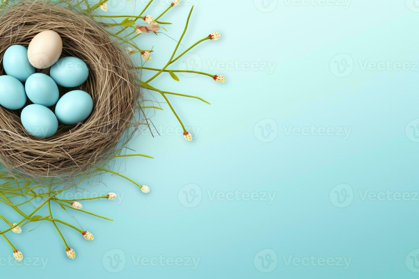 AI generated Easter eggs in a nest on a blue background photo