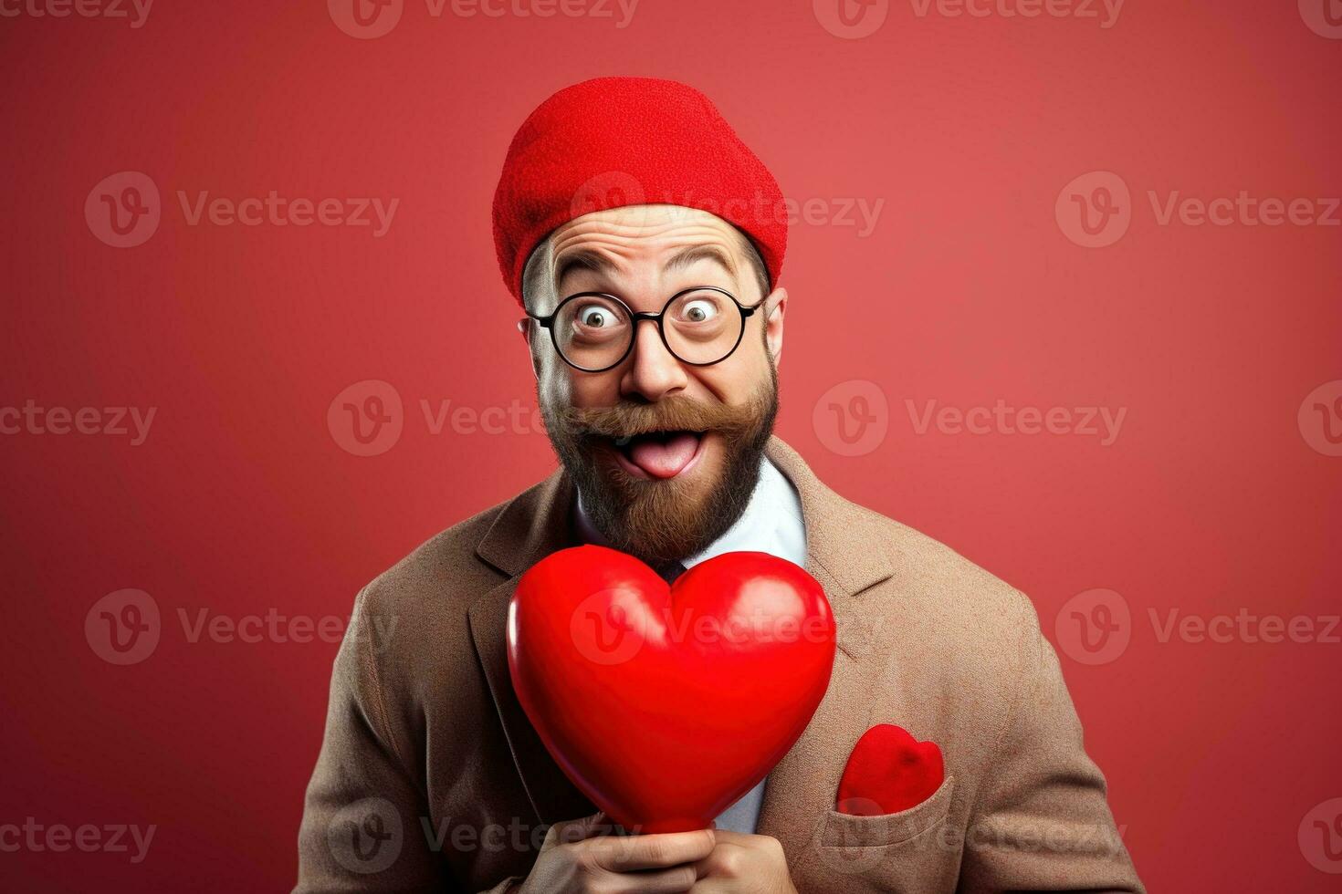 ai generado retrato de un contento hombre con un rojo corazón en San Valentín día concepto. foto