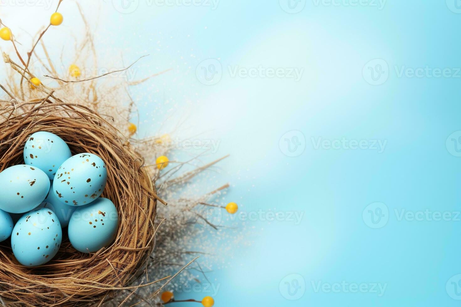 AI generated Easter eggs in a nest on a blue background photo