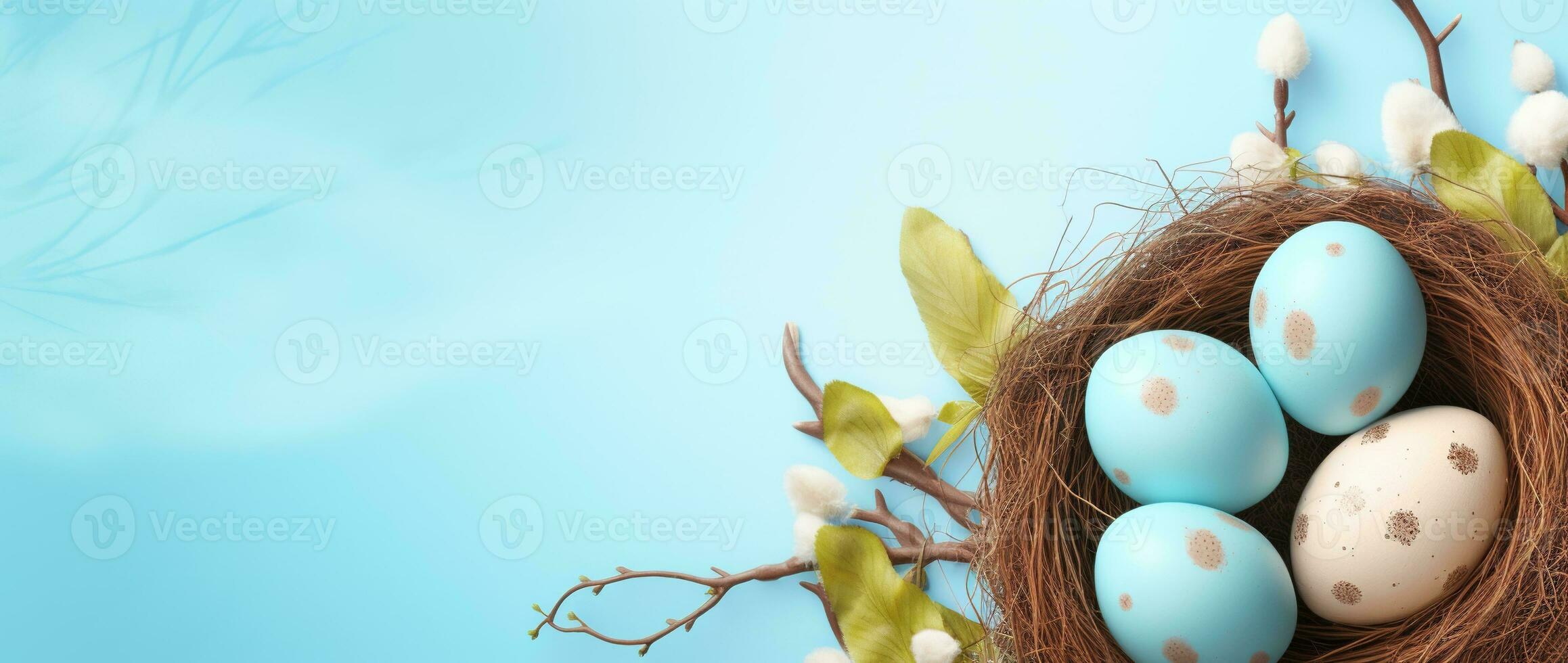 AI generated Easter eggs in a nest on a blue background photo