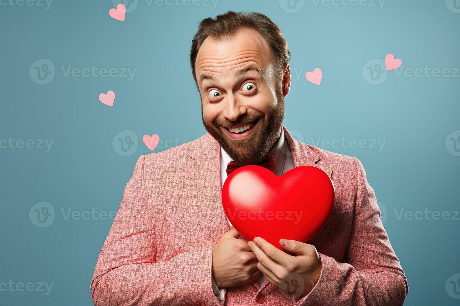 ai generado retrato de un contento hombre con un rojo corazón en San Valentín día concepto. foto