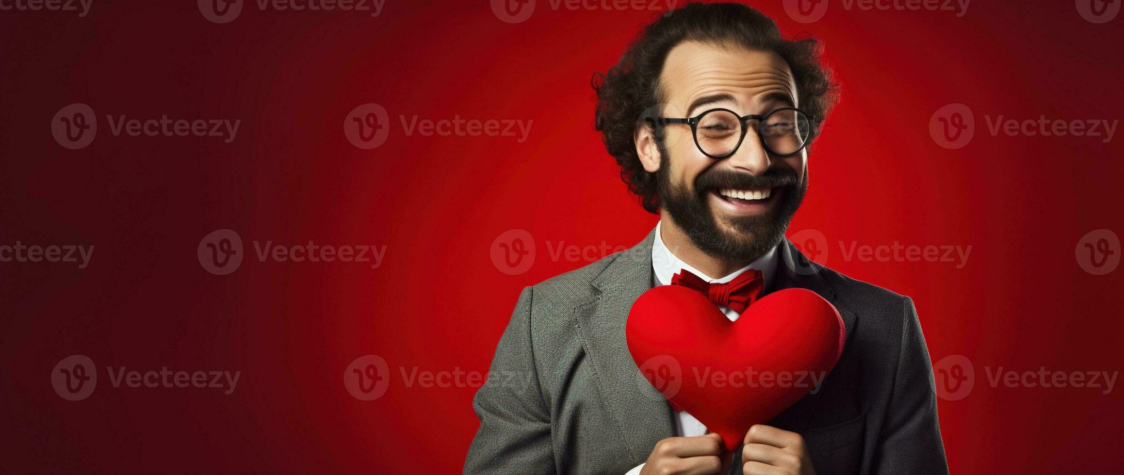 AI generated Portrait of a happy man with a red heart on Valentine's day concept. photo