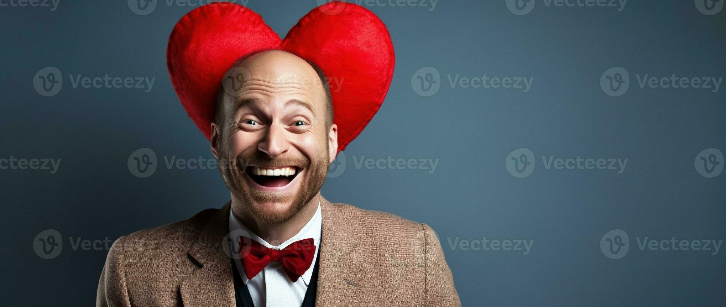 AI generated Portrait of a happy man with a red heart on Valentine's day concept. photo