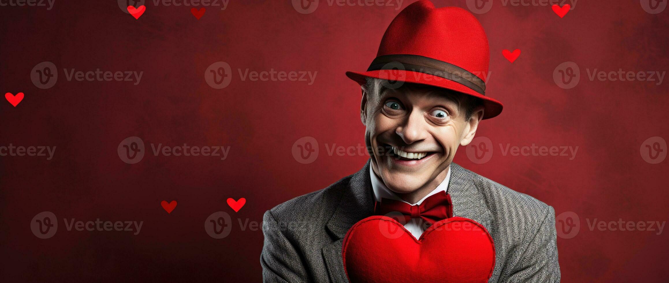 AI generated Portrait of a happy man with a red heart on Valentine's day concept. photo