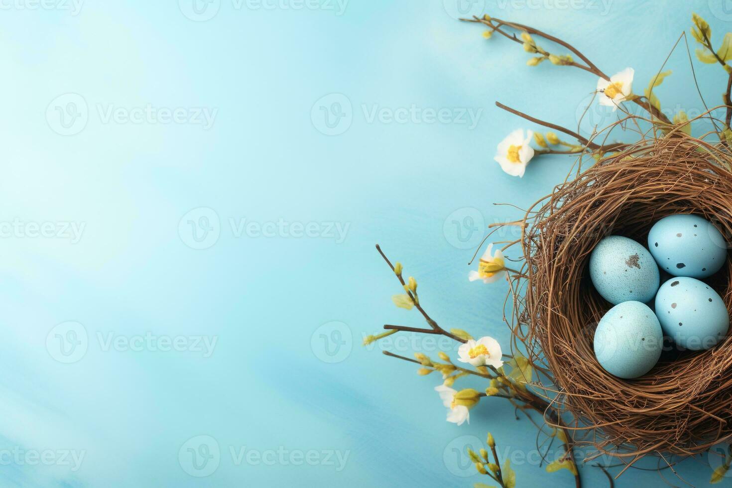 AI generated Easter eggs in a nest on a blue background photo