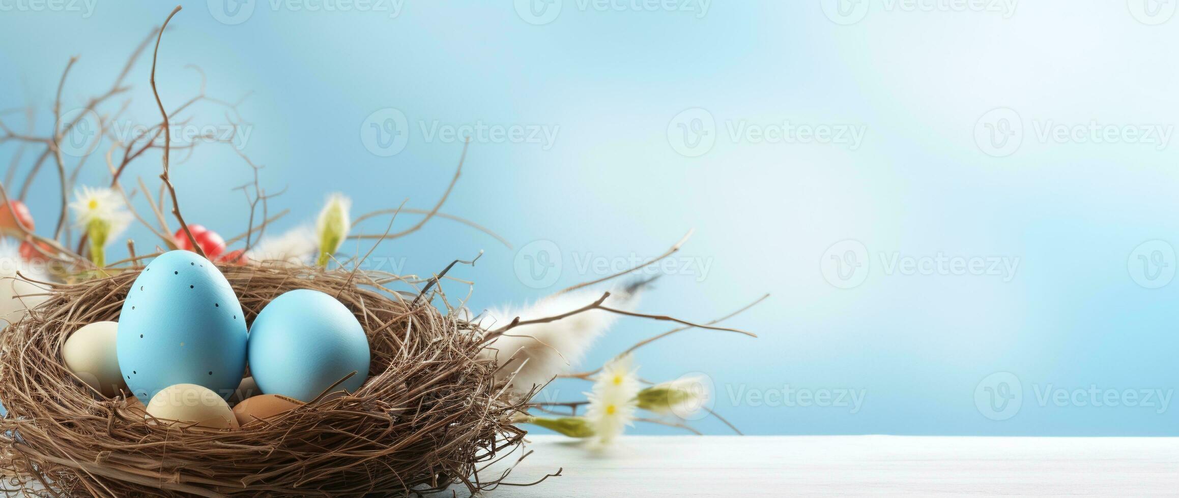 AI generated Easter eggs in a nest on a blue background photo