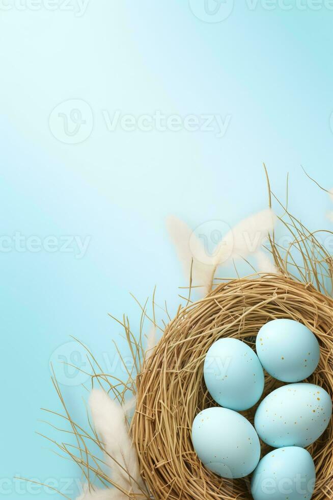 AI generated Easter eggs in a nest on a blue background photo