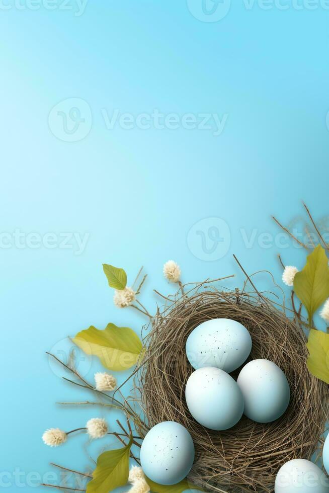 AI generated Easter eggs in a nest on a blue background photo