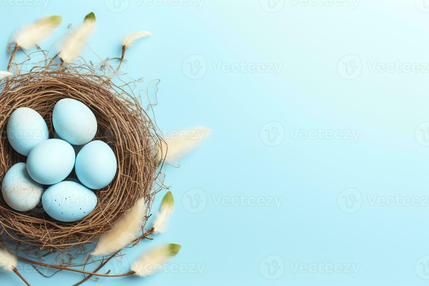 AI generated Easter eggs in a nest on a blue background photo