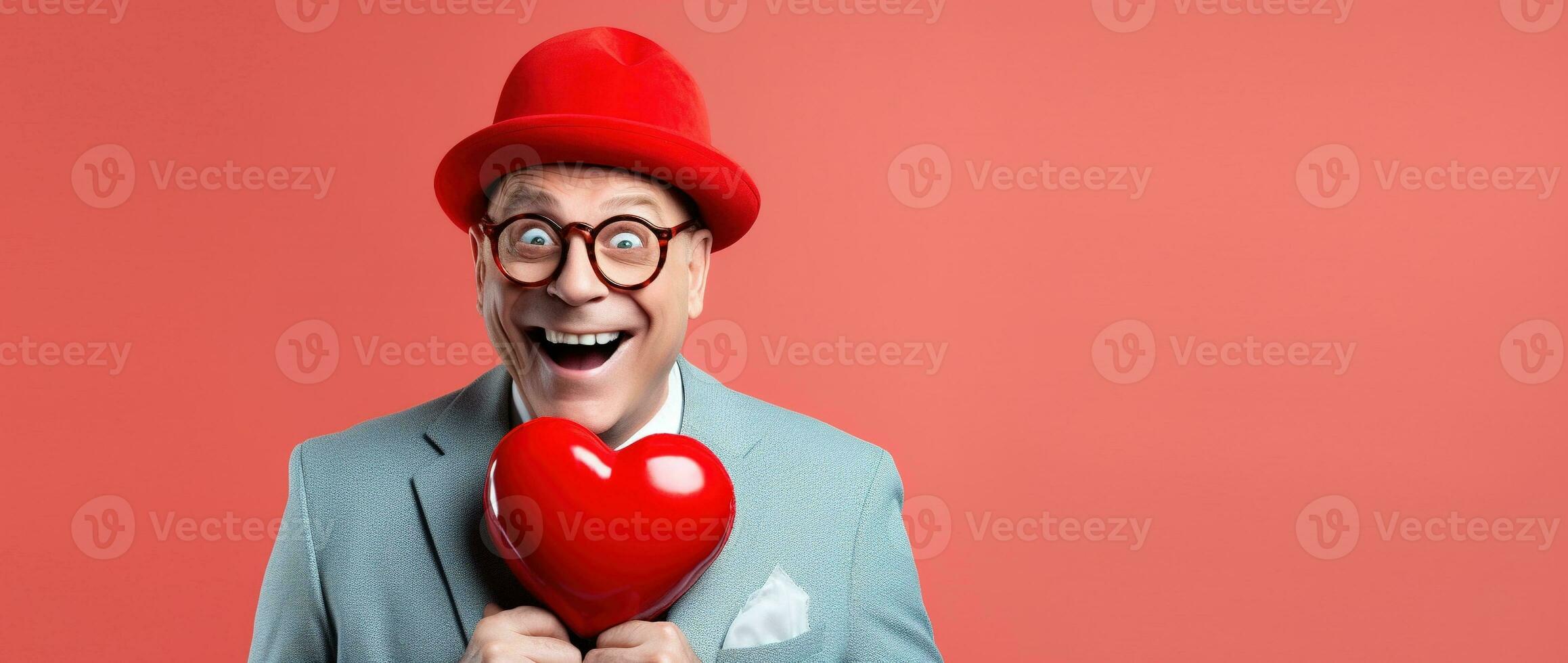 AI generated Portrait of a happy man with a red heart on Valentine's day concept. photo