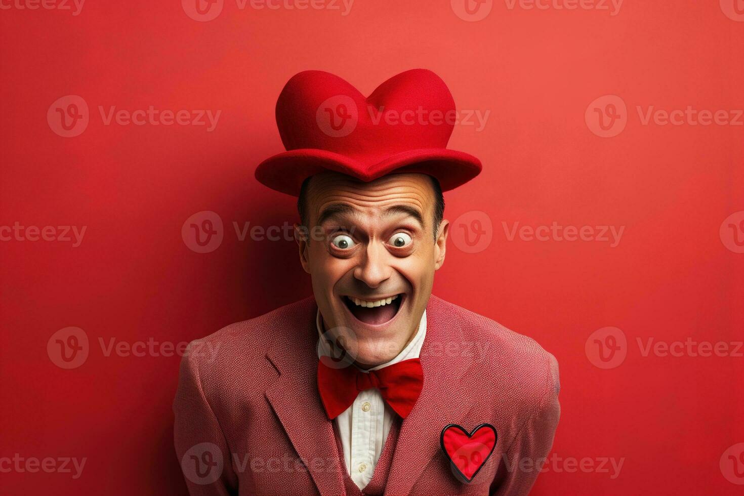 AI generated Portrait of a happy man with a red heart on Valentine's day concept. photo