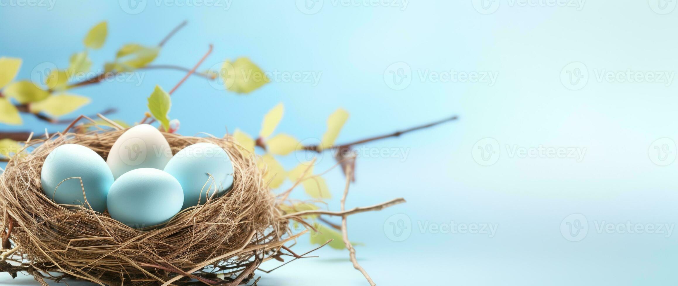 ai generado Pascua de Resurrección huevos en un nido en un azul antecedentes foto