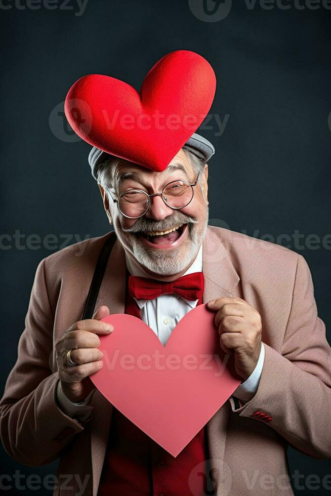 AI generated Portrait of a happy man with a red heart on Valentine's day concept. photo