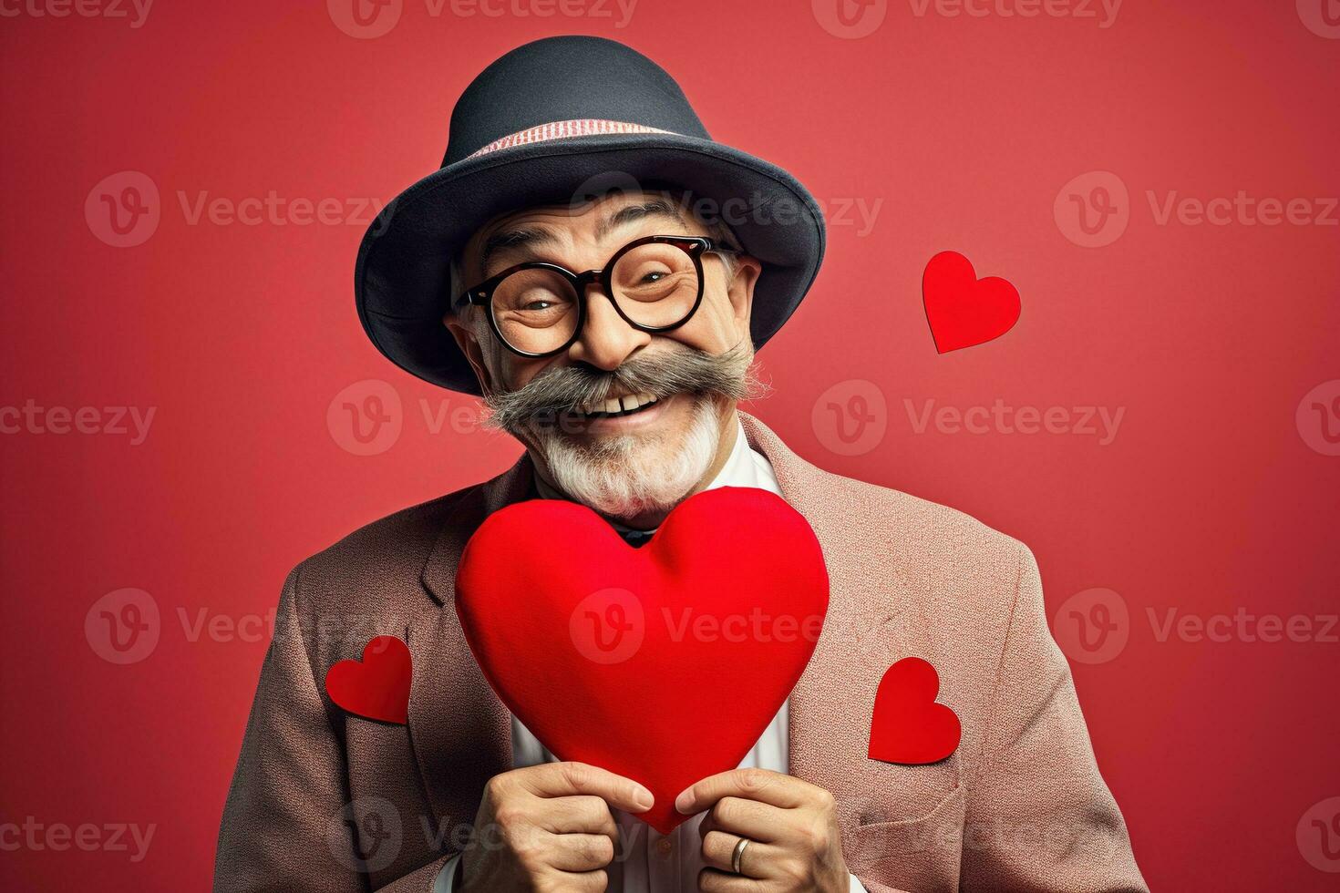 AI generated Portrait of a happy man with a red heart on Valentine's day concept. photo