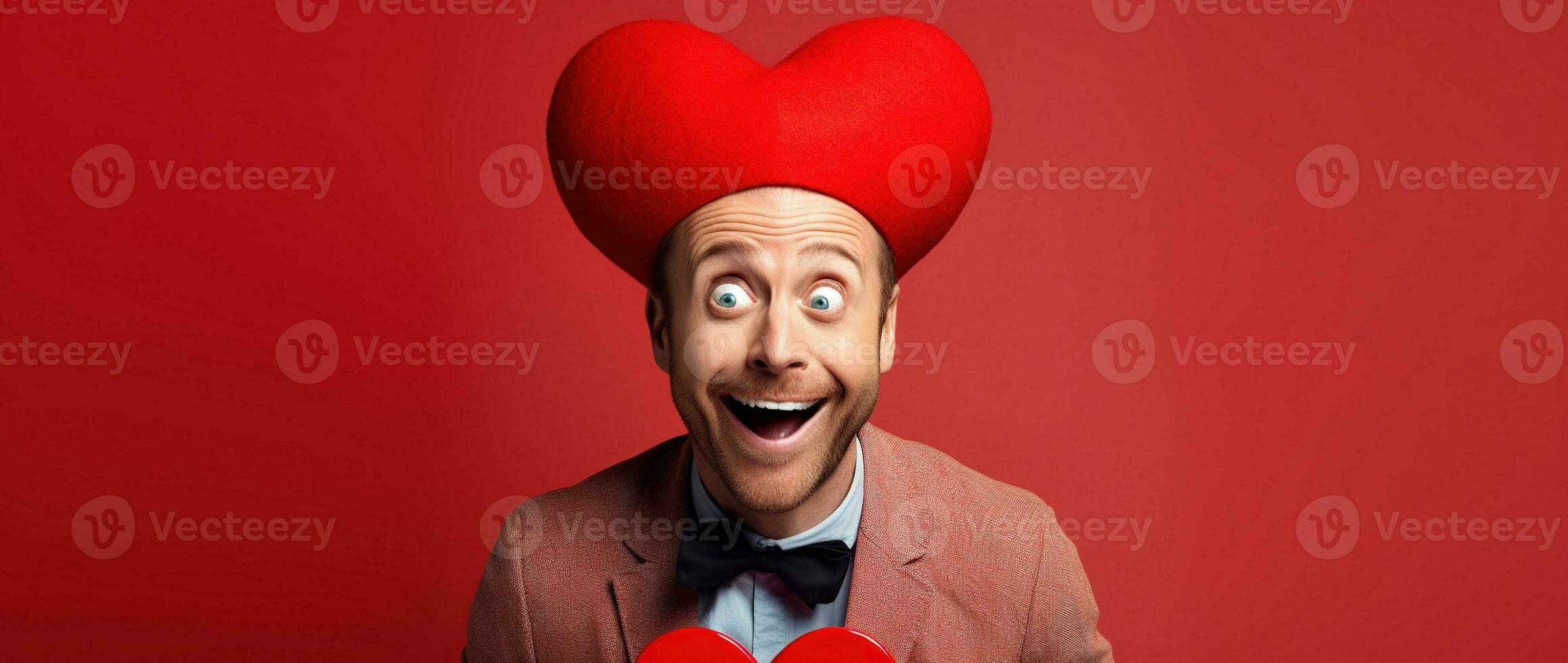 AI generated Portrait of a happy man with a red heart on Valentine's day concept. photo