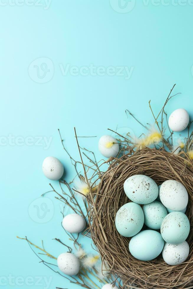 AI generated Easter eggs in a nest on a blue background photo