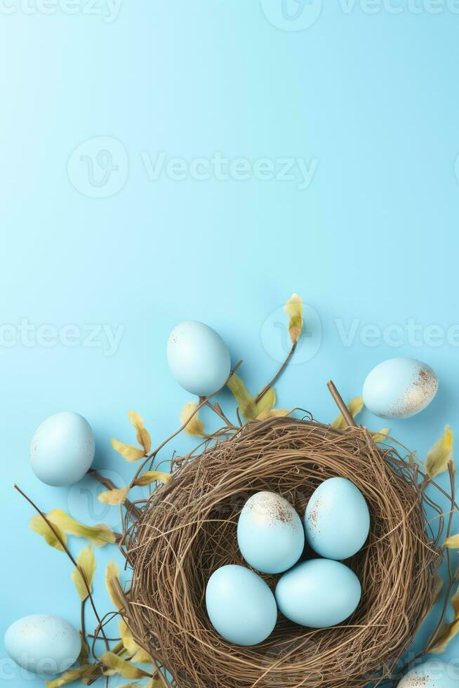 AI generated Easter eggs in a nest on a blue background photo