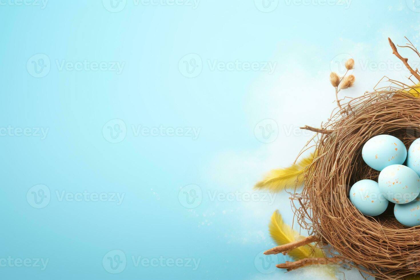 AI generated Easter eggs in a nest on a blue background photo