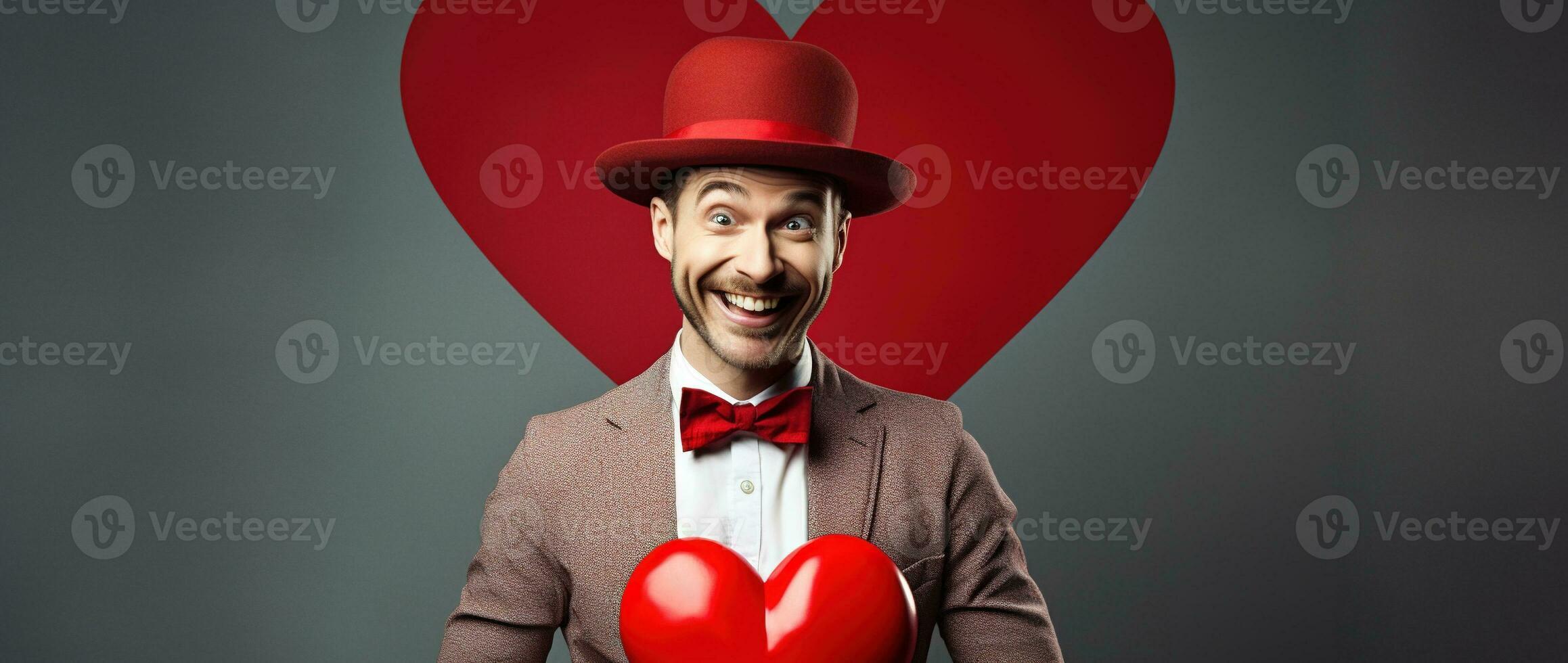 AI generated Portrait of a happy man with a red heart on Valentine's day concept. photo