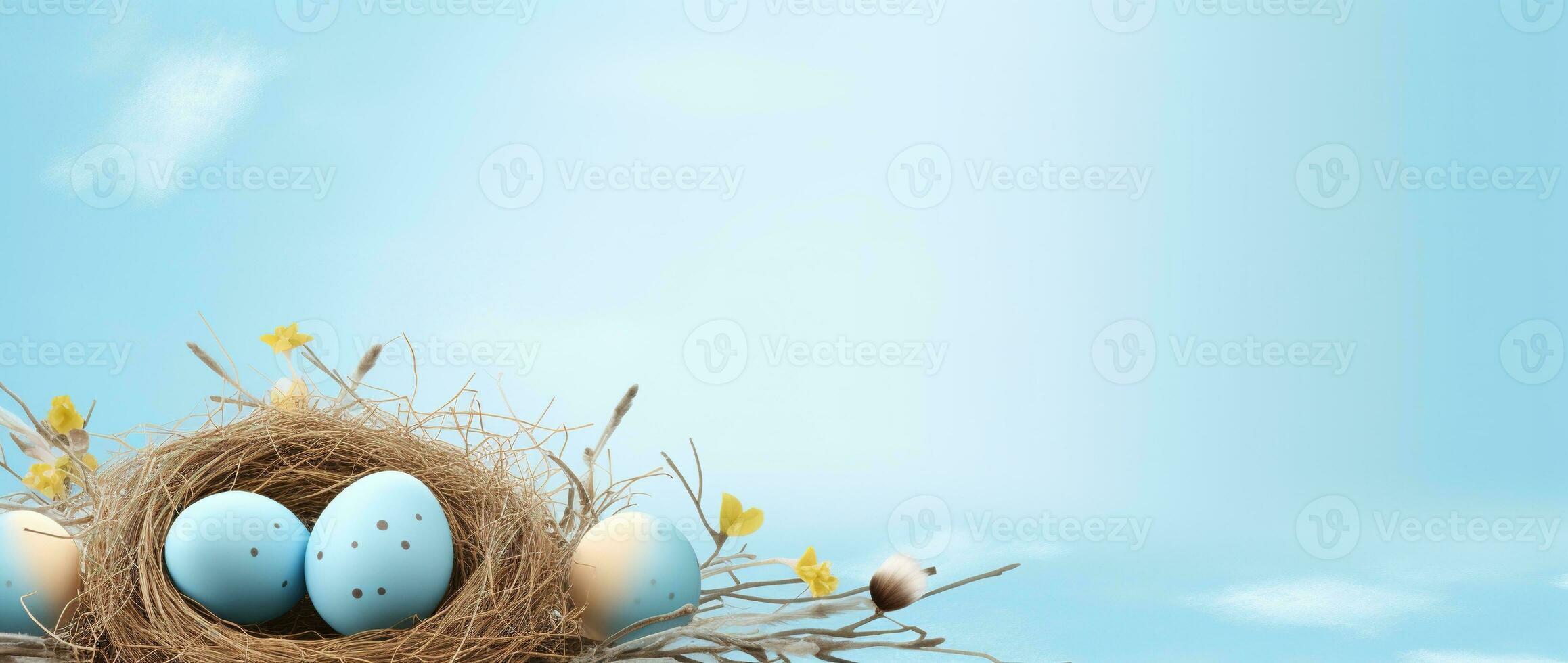 AI generated Easter eggs in a nest on a blue background photo