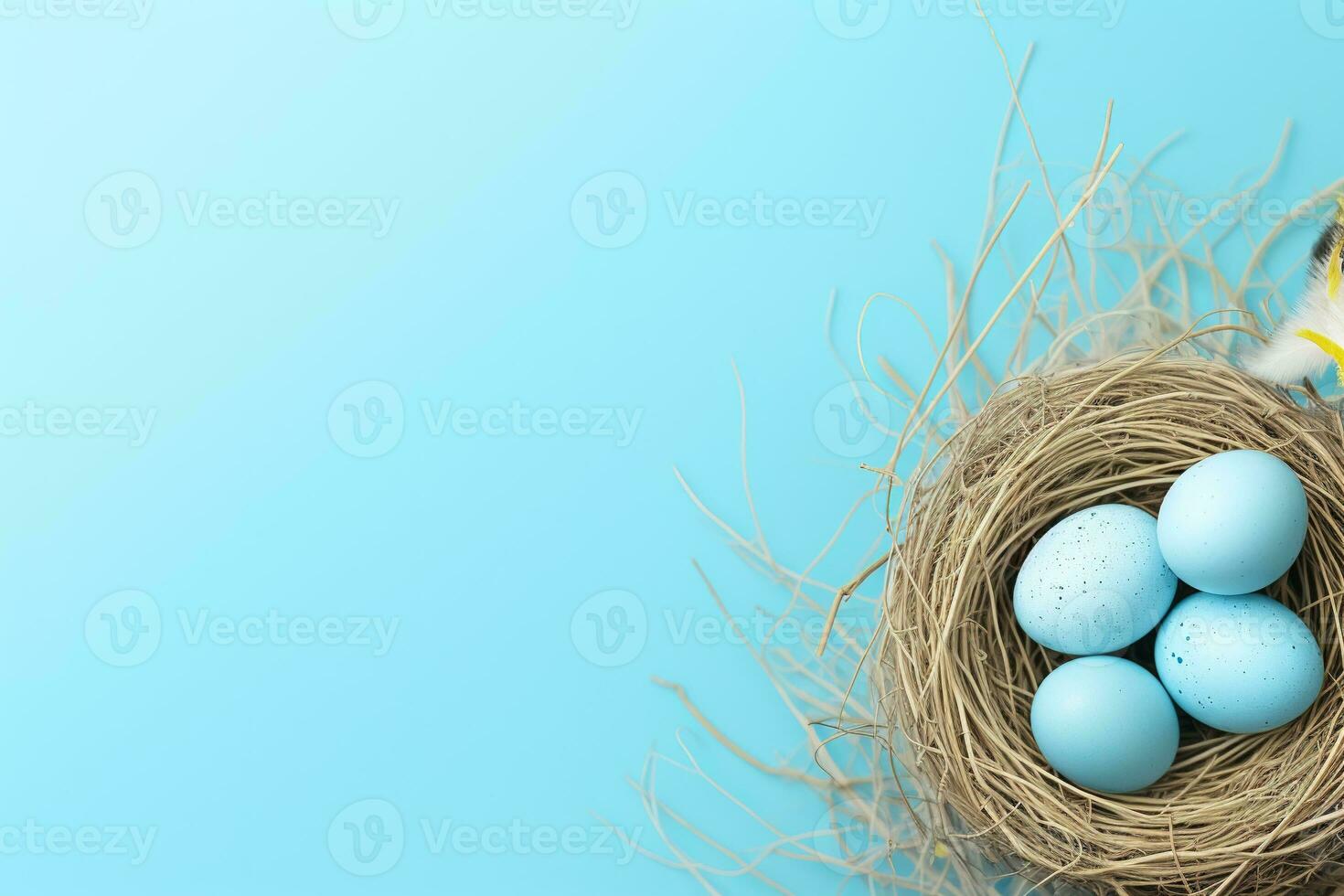 AI generated Easter eggs in a nest on a blue background photo