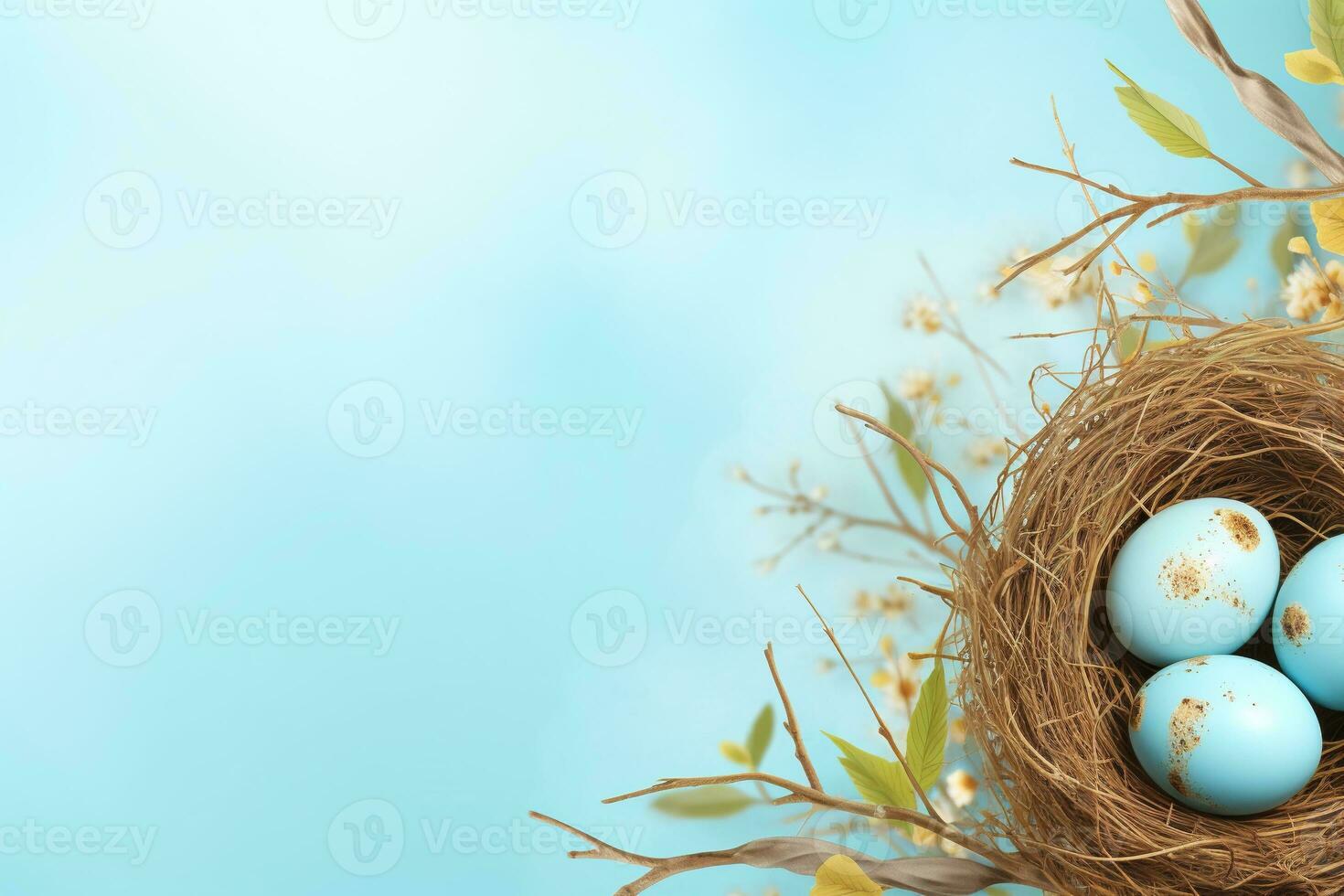 AI generated Easter eggs in a nest on a blue background photo