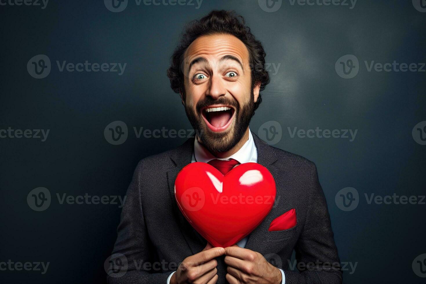 AI generated Portrait of a happy man with a red heart on Valentine's day concept. photo