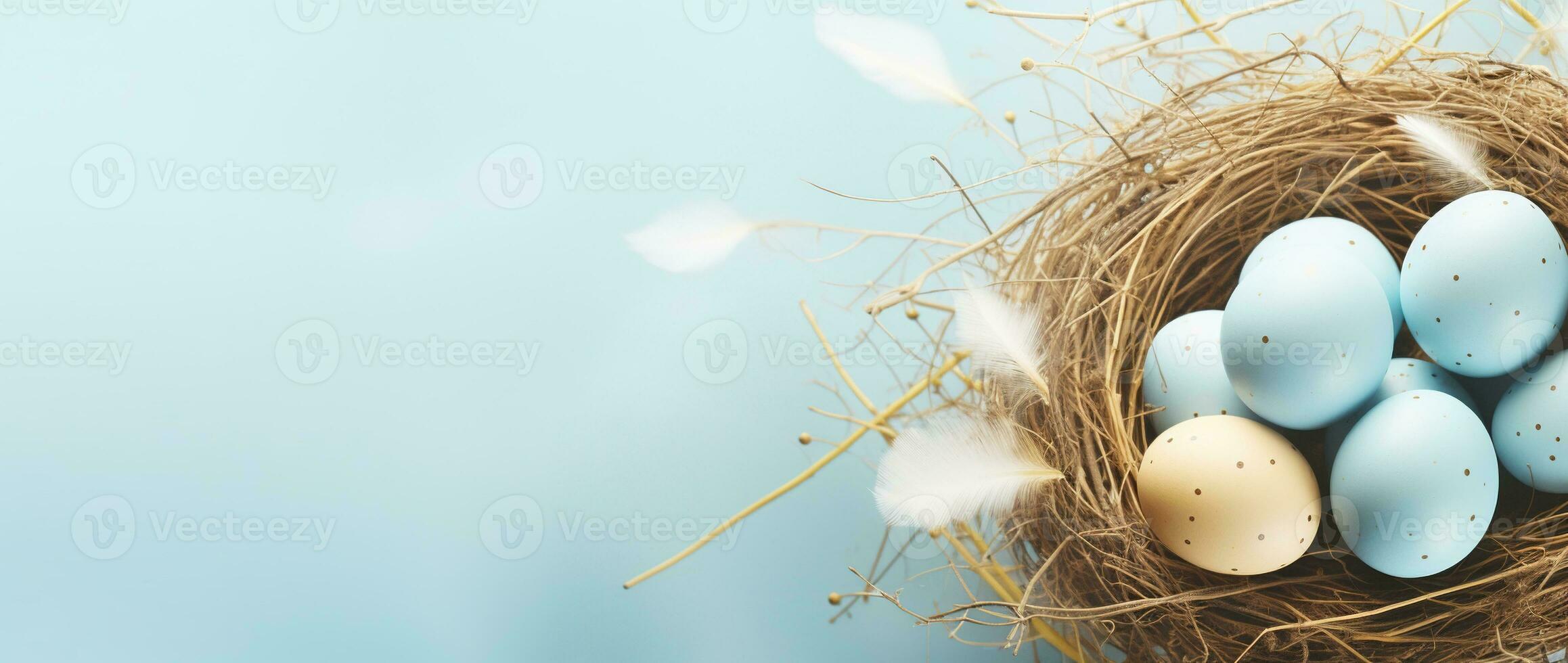 AI generated Easter eggs in a nest on a blue background photo