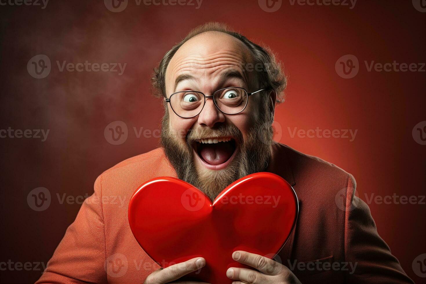 AI generated Portrait of a happy man with a red heart on Valentine's day concept. photo