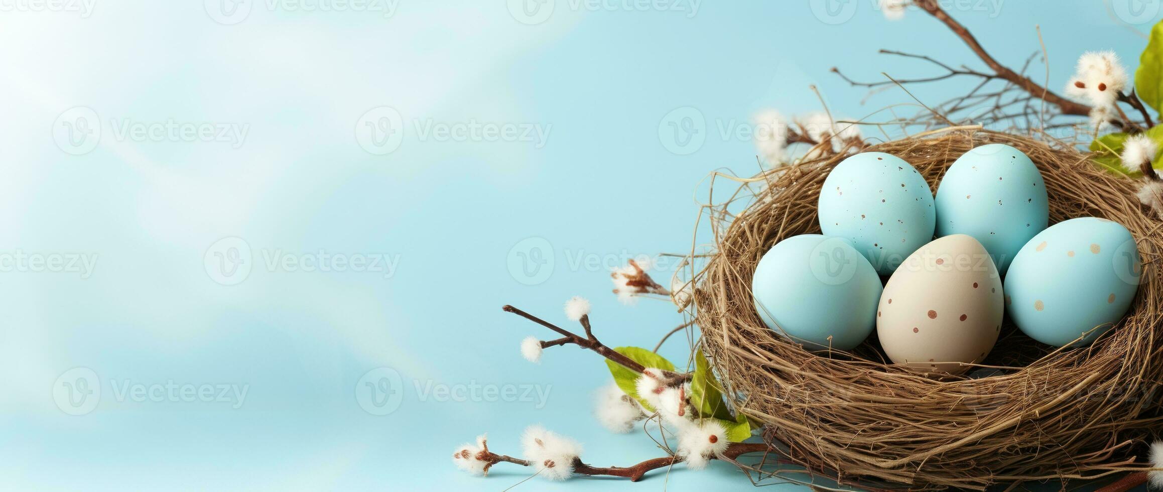 AI generated Easter eggs in a nest on a blue background photo