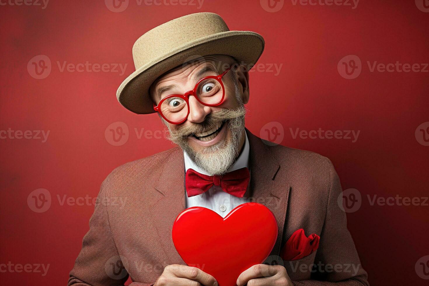 AI generated Portrait of a happy man with a red heart on Valentine's day concept. photo