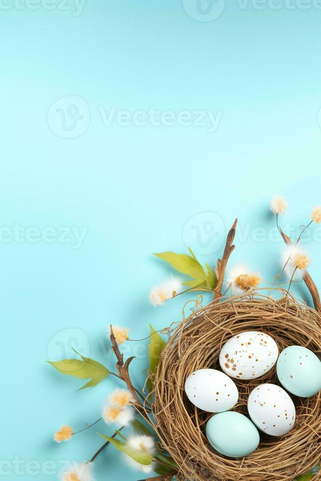 AI generated Easter eggs in a nest on a blue background photo