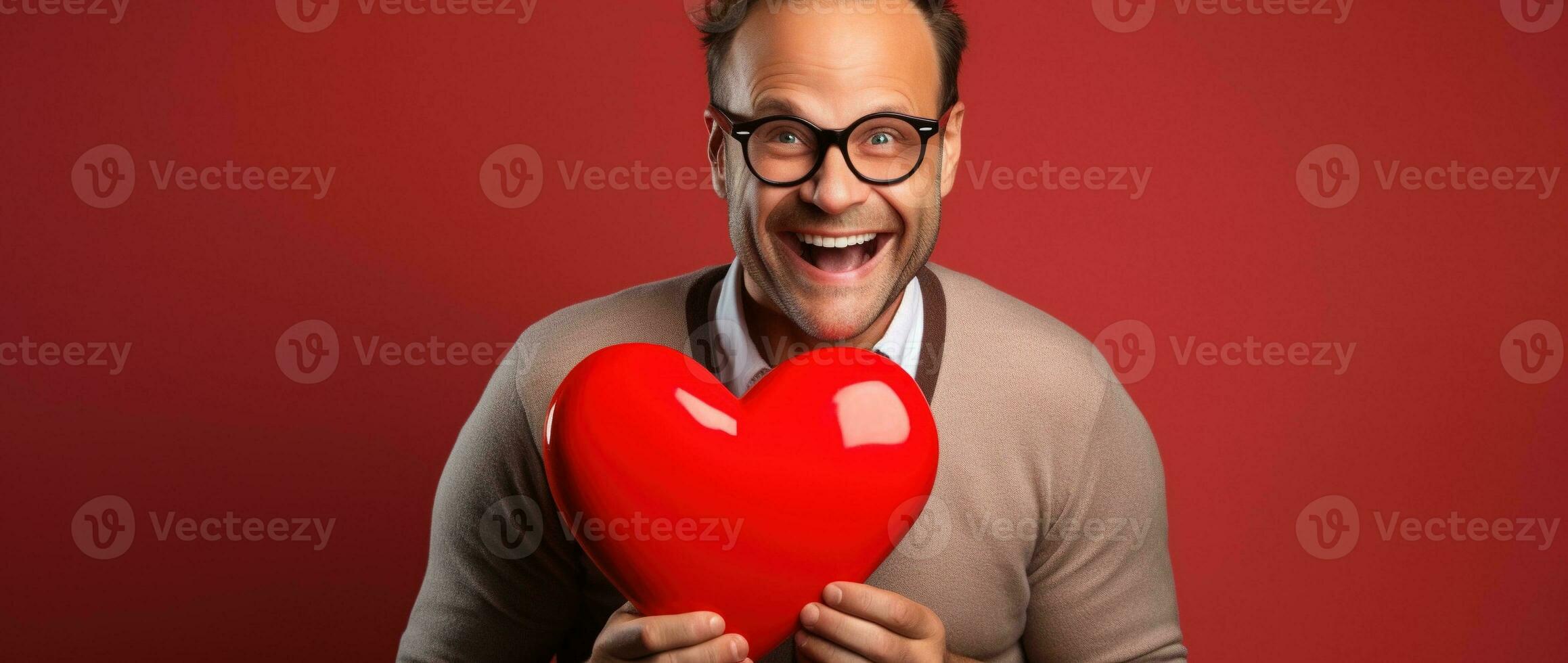 AI generated Portrait of a happy man with a red heart on Valentine's day concept. photo