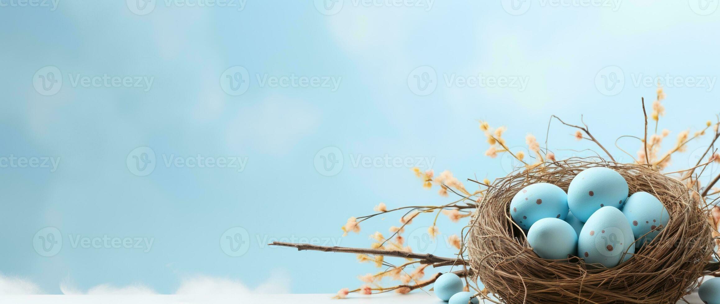 AI generated Easter eggs in a nest on a blue background photo