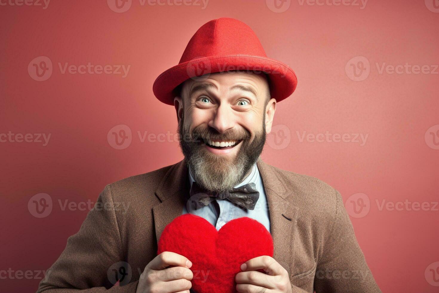 AI generated Portrait of a happy man with a red heart on Valentine's day concept. photo