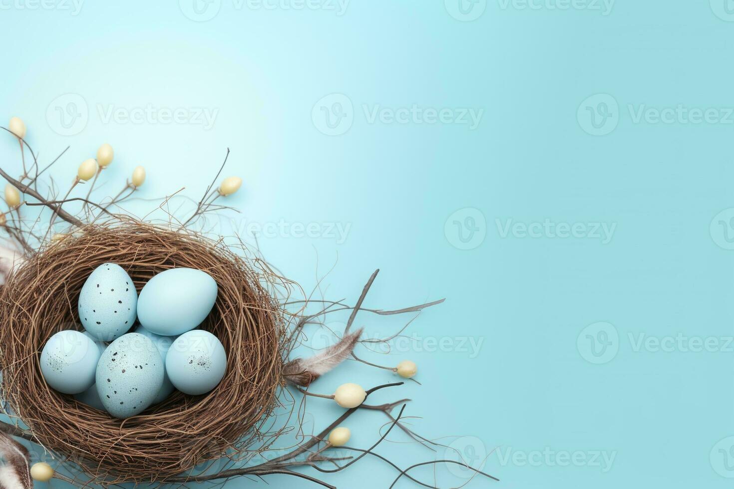 AI generated Easter eggs in a nest on a blue background photo