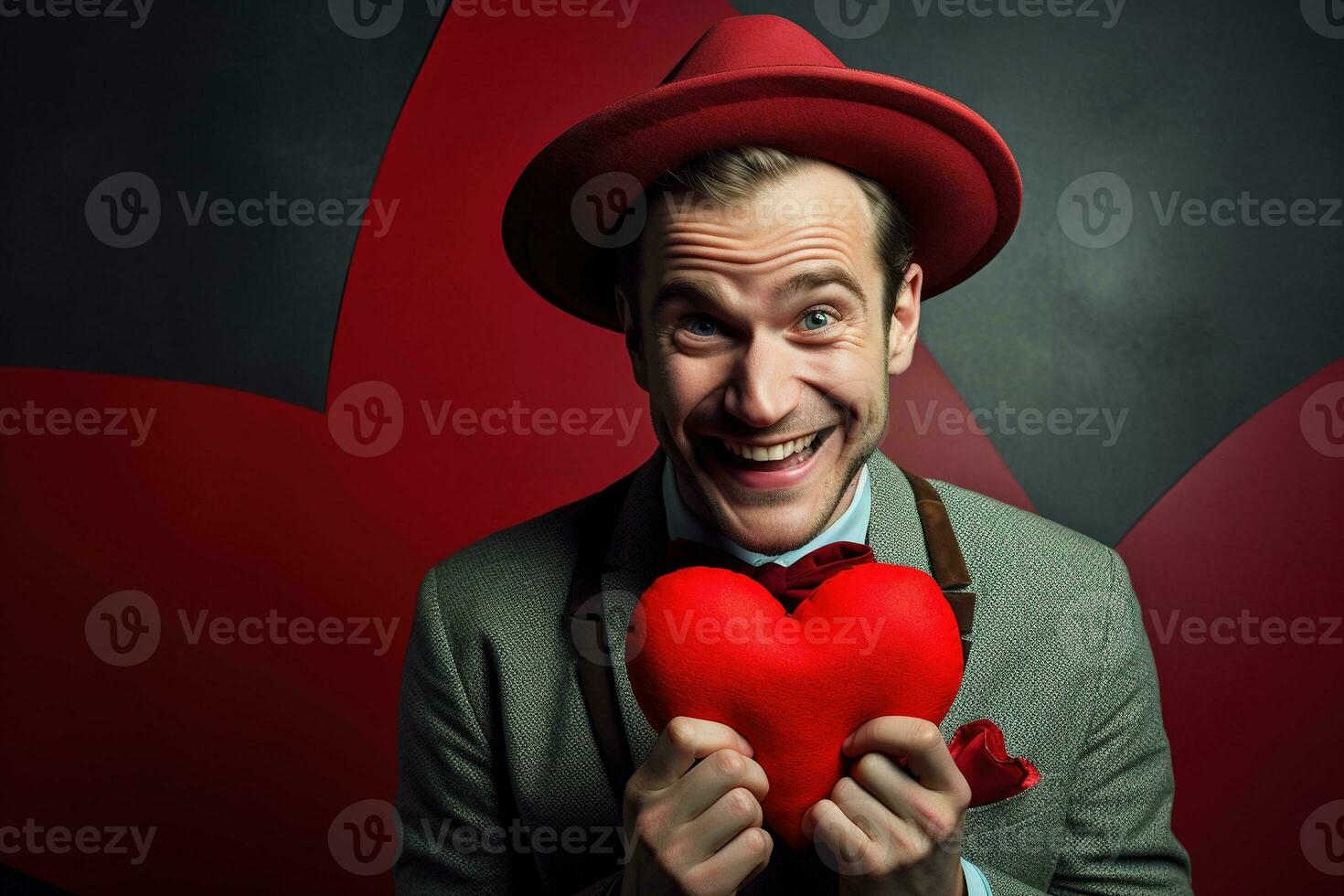 AI generated Portrait of a happy man with a red heart on Valentine's day concept. photo