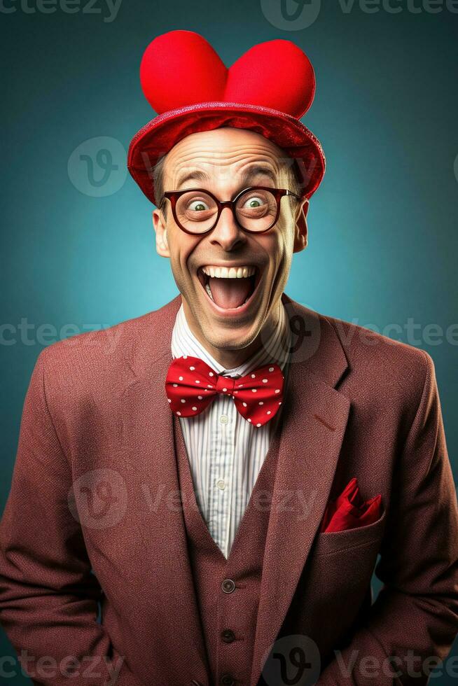 AI generated Portrait of a happy man with a red heart on Valentine's day concept. photo