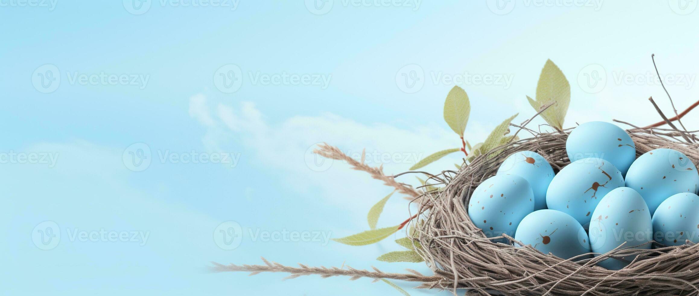AI generated Easter eggs in a nest on a blue background photo