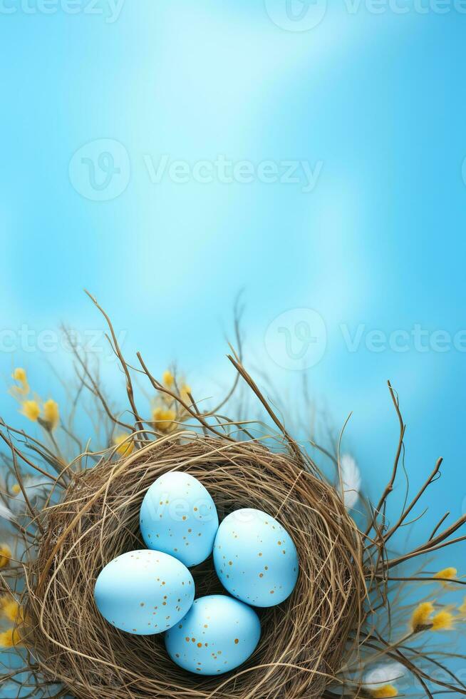 AI generated Easter eggs in a nest on a blue background photo