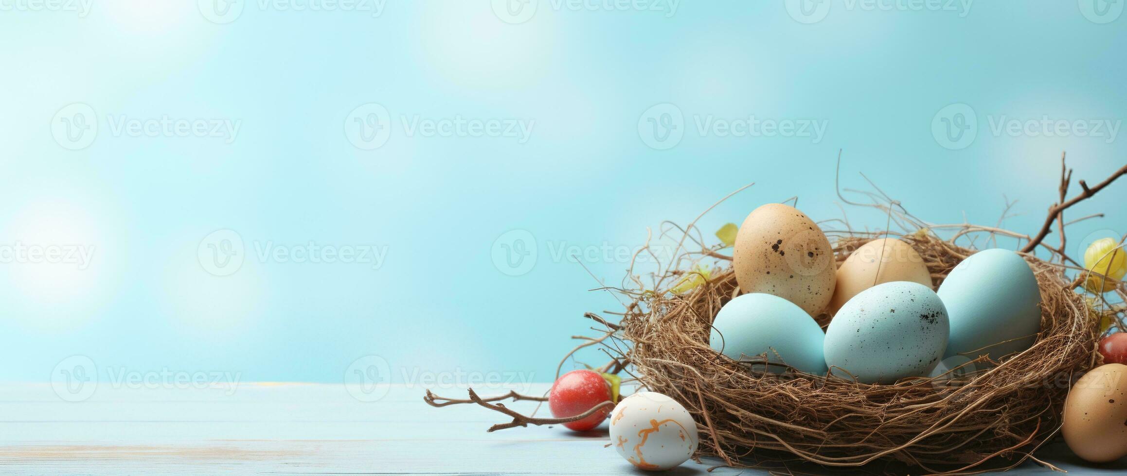AI generated Easter eggs in a nest on a blue background photo