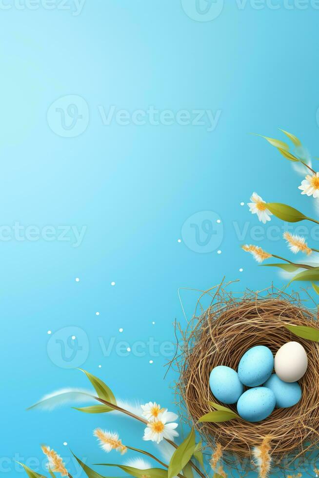 AI generated Easter eggs in a nest on a blue background photo