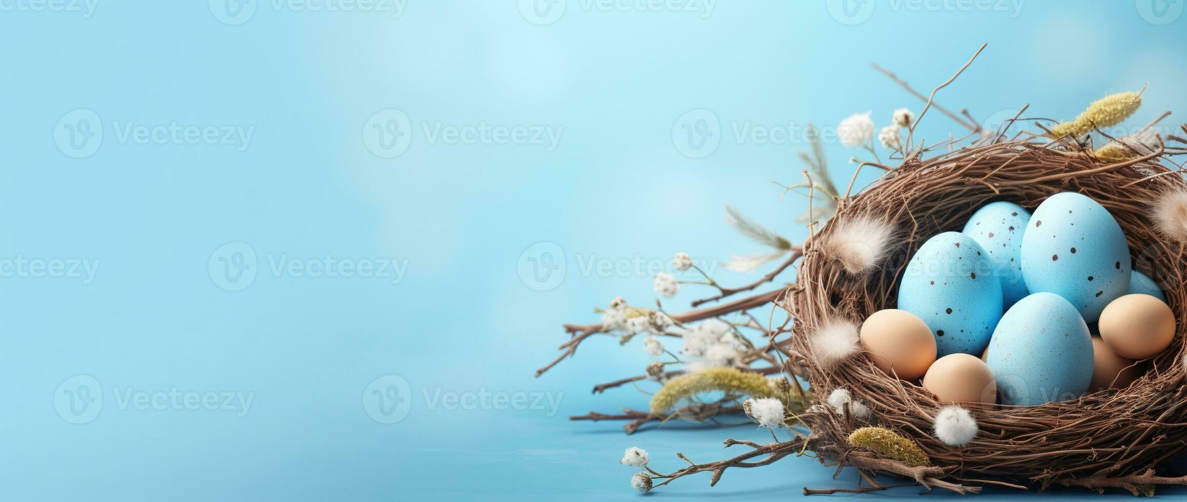 AI generated Easter eggs in a nest on a blue background photo