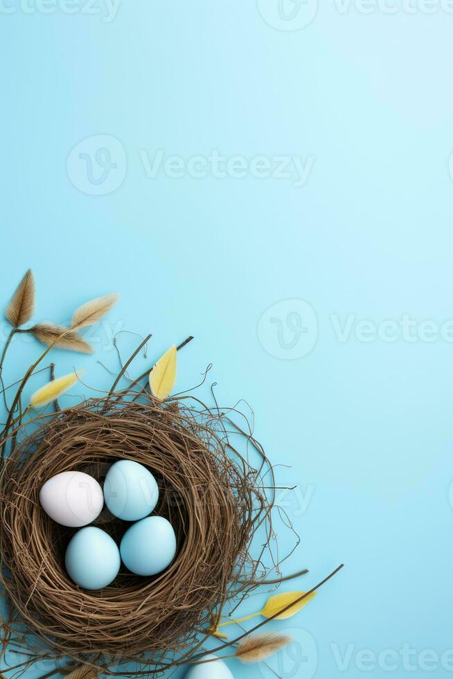 AI generated Easter eggs in a nest on a blue background photo