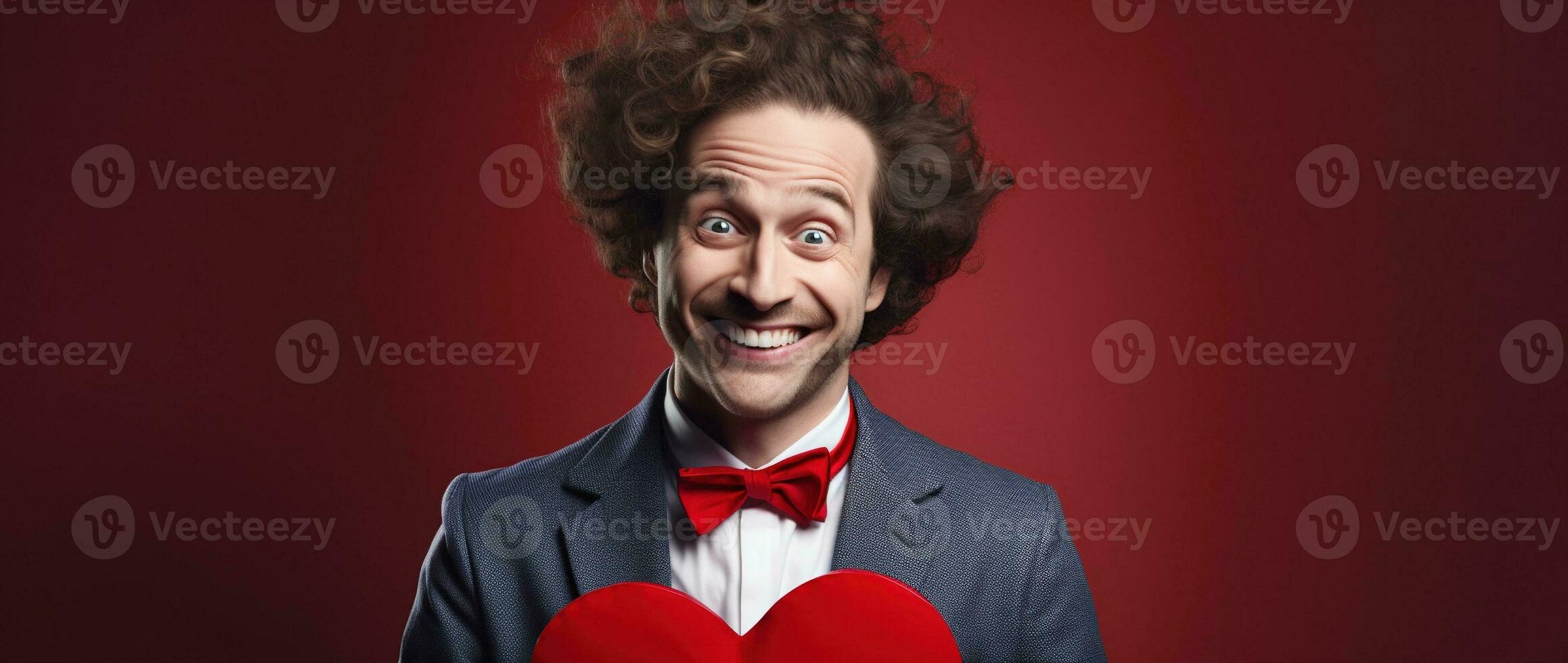 AI generated Portrait of a happy man with a red heart on Valentine's day concept. photo