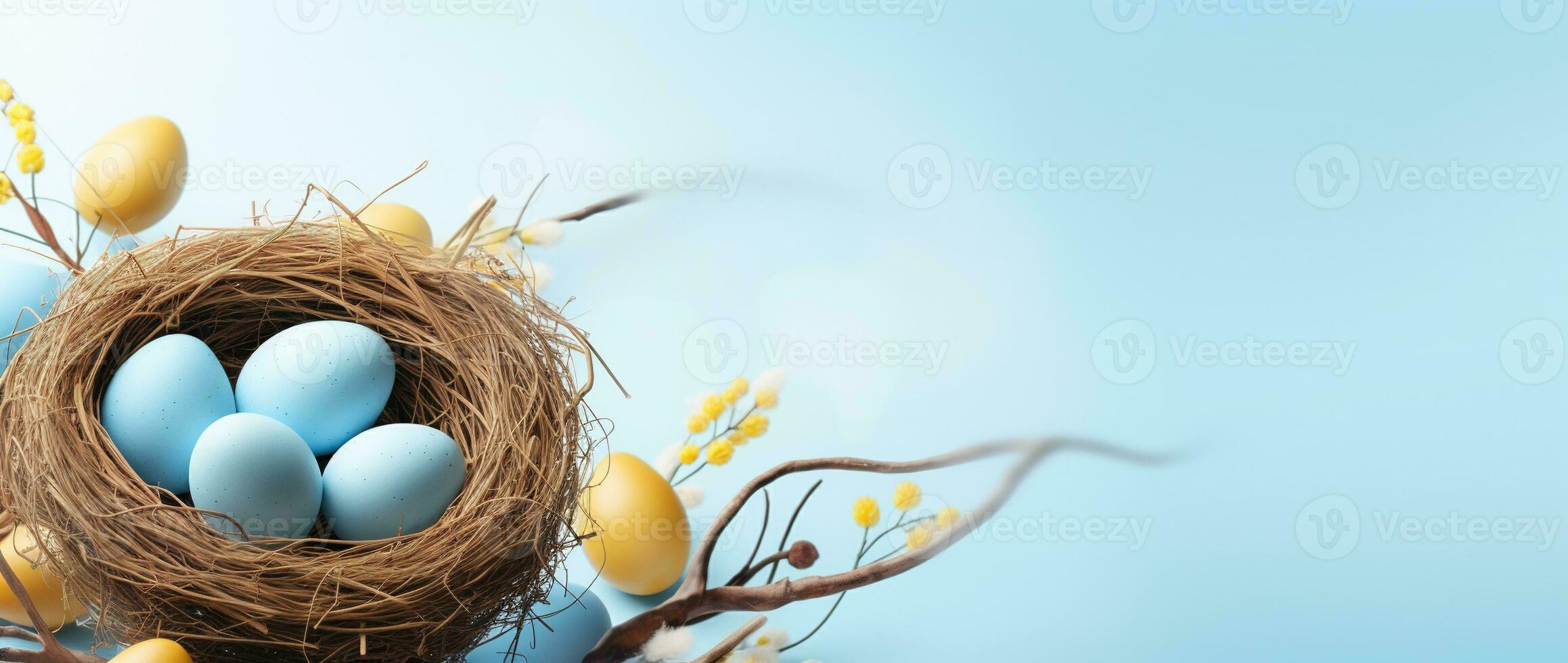 AI generated Easter eggs in a nest on a blue background photo
